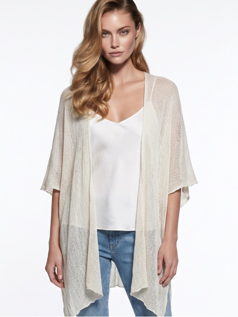 ELAN | Light Cream Open-Front Knit Cover-Up Kimono Sweater Women’s One Size